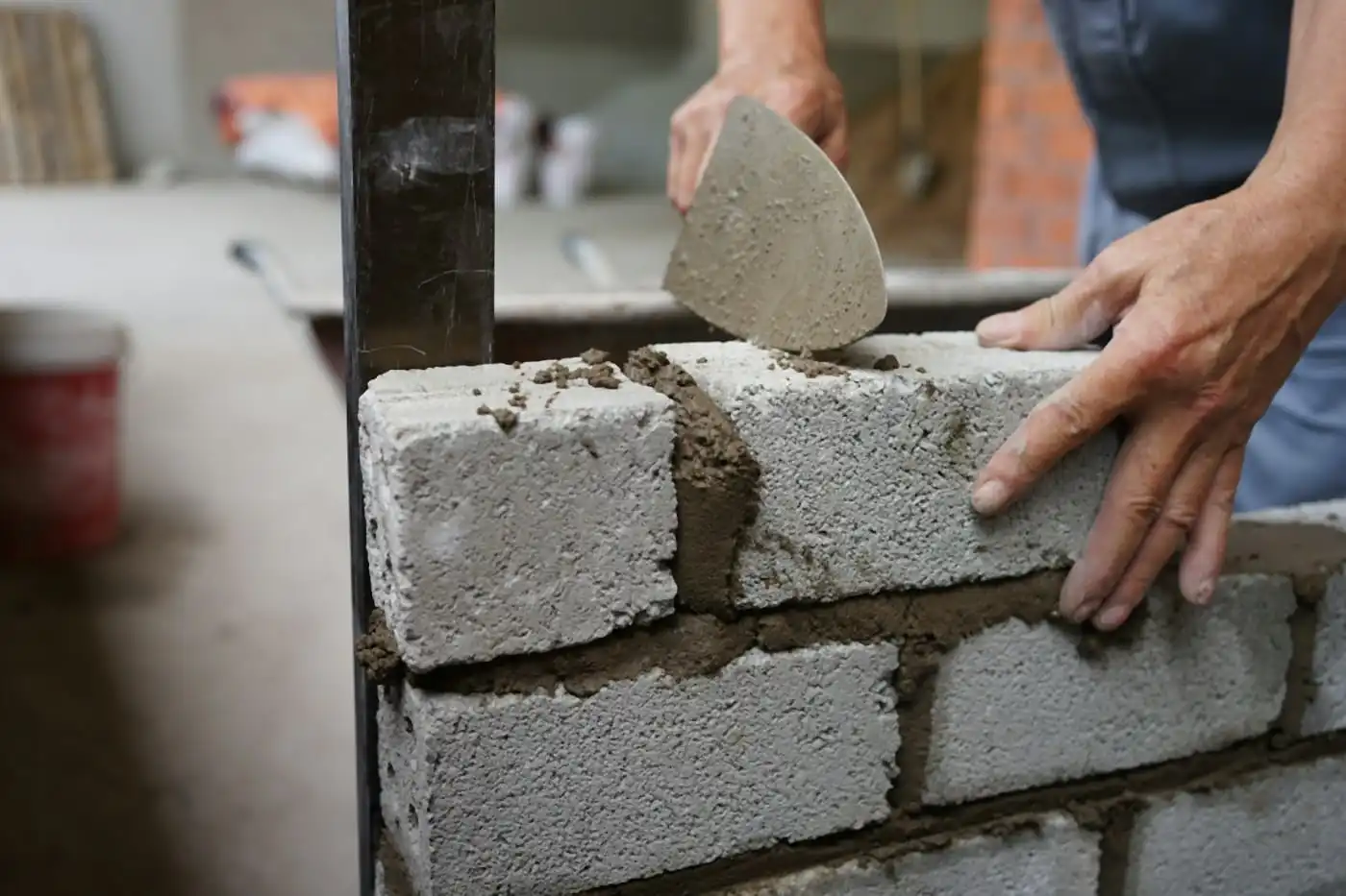 Hands laying concrete blocks in mortar with a trowel