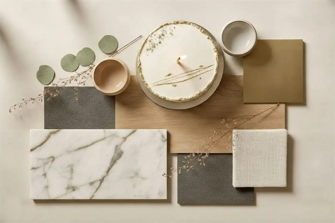 Neutral material samples for a home interior: marble, stone, wood veneer and fabric